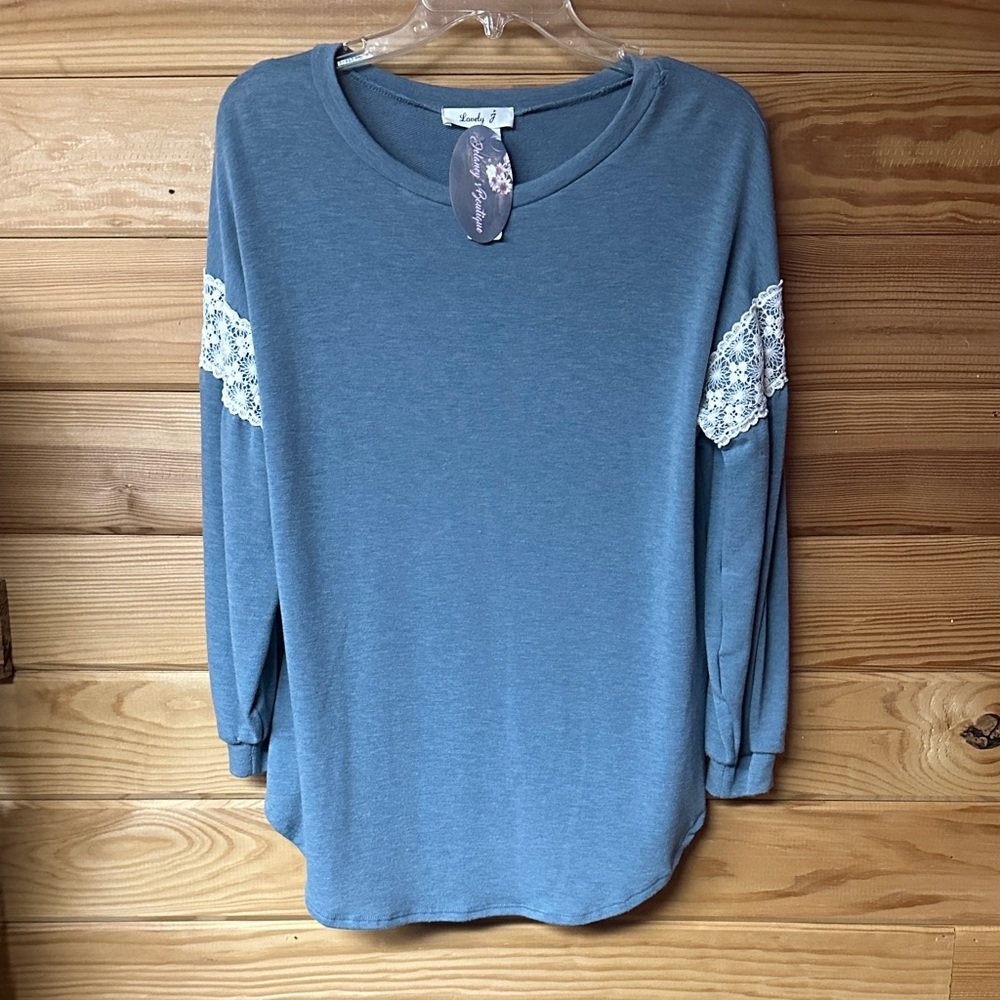 NWT Lovely J Blue Lace Sleeve Women's Top Long Sleeve Size Small